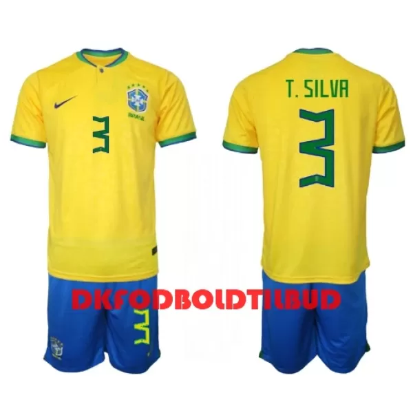 Brasilien Thiago Silva 3 Fodboldtrøje Børn Hjemmebane VM 2022